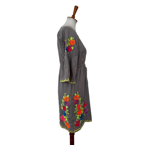 Ivy Jane Womens Boho Floral Embroidered Dress Drawstring Waist Gray S Small - Picture 2 of 8